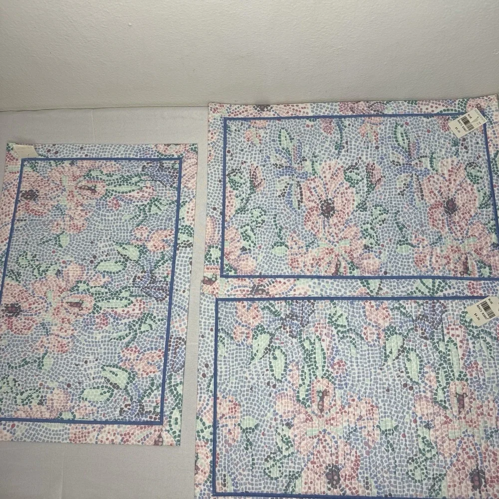 Mervyns Set Of 6 Cotton‎ Poly Pastel Pleated Placemats Retro Floral Blue Pink